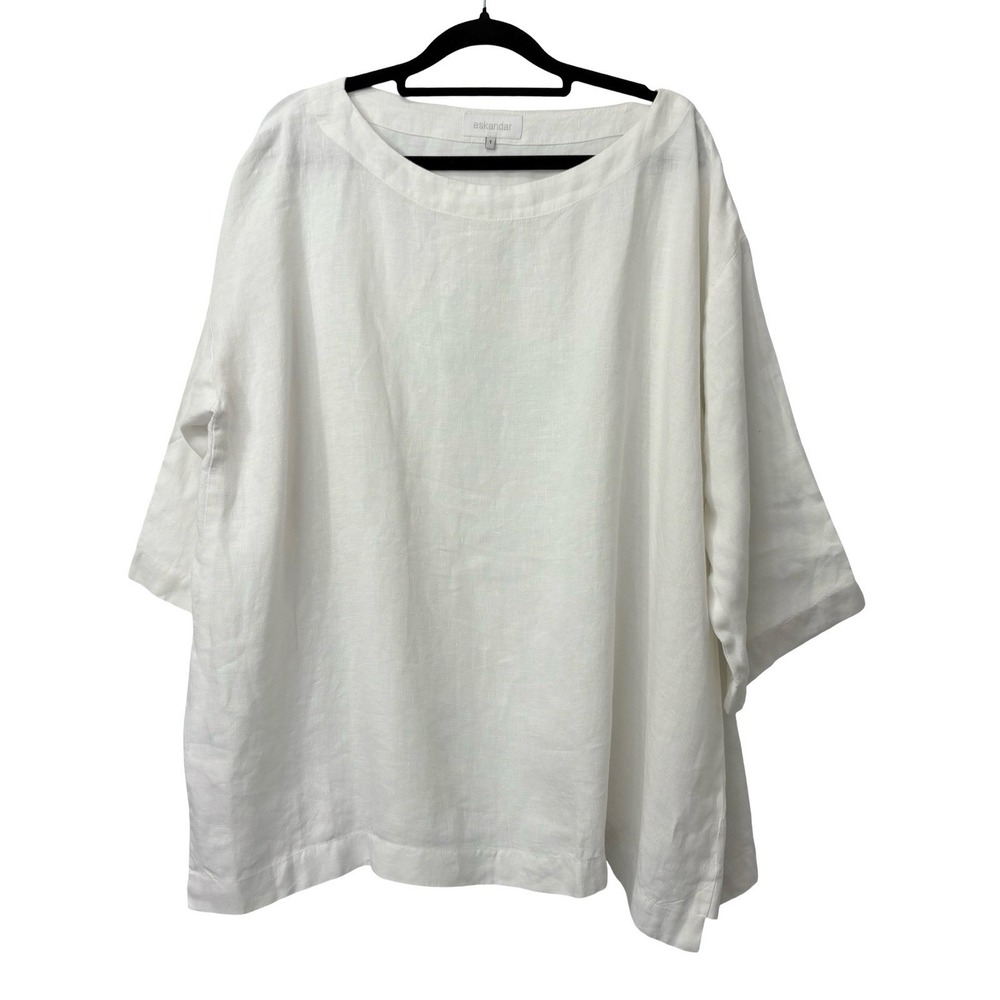 Eskandar linen side panelled 3/4 sleeve scoop neck tunic Top Size 1 M/L White